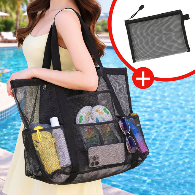 매니셀 메쉬 대형 비치백 + 메쉬 파우치 빅사이즈 숄더백, 블랙