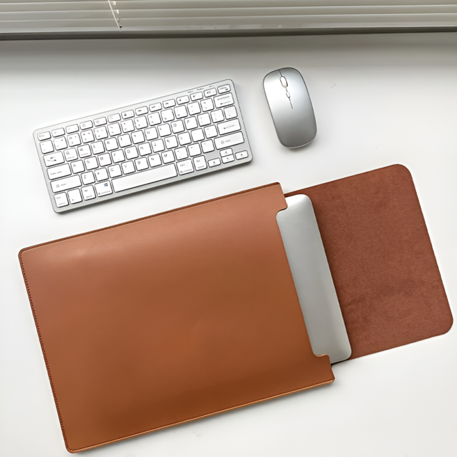 고급 가죽 세로형 노트북 파우치 마우스 패드 겸용 케이스, 브라운