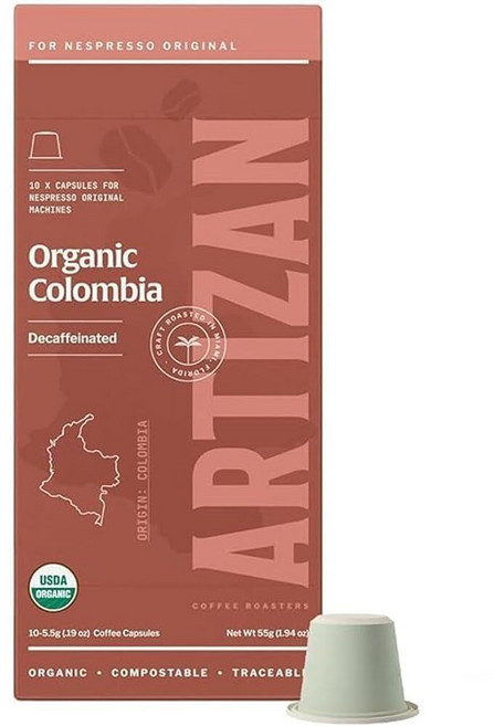 Artizan Coffee 디카페인 유기농 스위스 워터 에스프레소 포드 네스프레소 오리지널용 | 온두라스 디카페인 싱글 오리진 | 가정용 퇴비화 캡슐 10개, 콜롬비아 디카페인, 10개 (8팩), 1