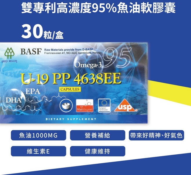 GREEN HEALTH U-19 PP 4638EE 雙專利高濃度95%魚油軟膠囊, 1個