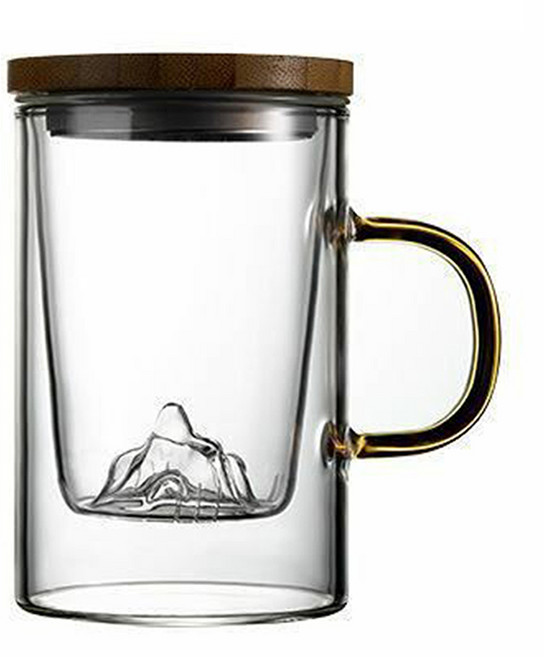 雙層玻璃茶杯 木蓋 金色手柄, 【L號】500ml, 1個