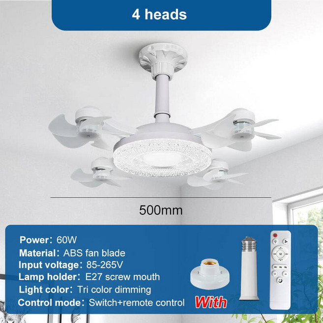 거실실링팬조명 선풍기 전등 무선 2in1 정지 드론 LED 천장 팬 조명 원격 디밍 제어 저소음 3단 대형 거실에 적합, 4 Heads B, 1개