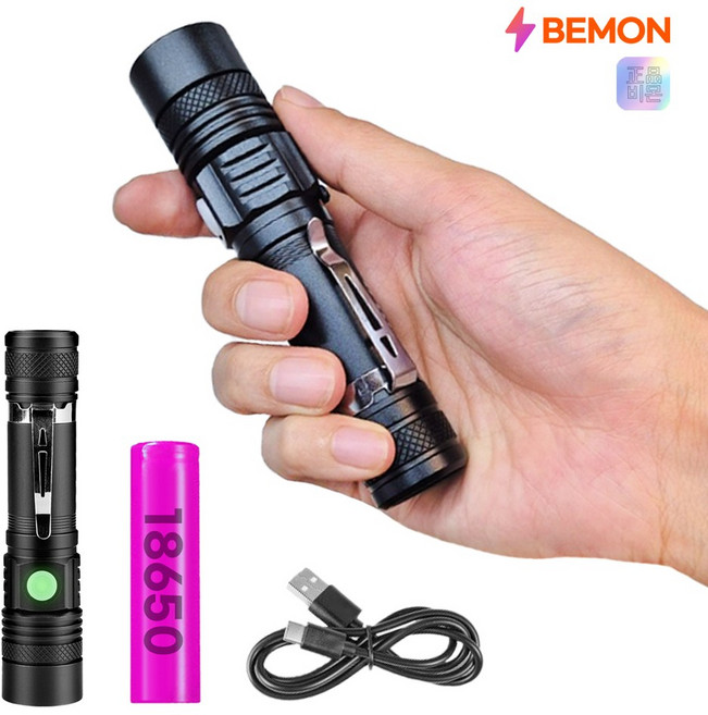 82g 가벼운 초강력 LED 손전등 충전식 휴대용 후레쉬 괴물 써치라이트, 1개, 블랙