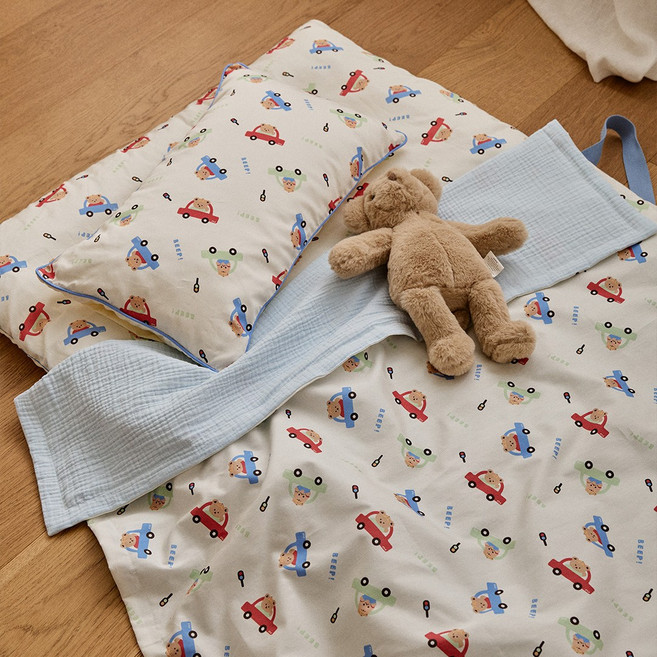 돗투돗 퓨어코튼 리버서블 휴대용 낮잠패드+베개커버 (속통 포함), 붕붕카 (블루)