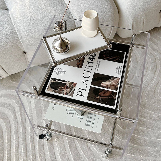 HN Quality Home 이동식 아크릴 티테이블 스테인리스 프레임 2단 수납 롤러 미니 사이드 테이블, 투명색