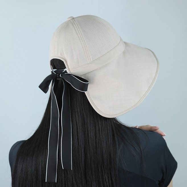 루페오 여성 핫픽스 빅 와이드 심볼 리본 포인트 챙넓은 골프 버킷햇 벙거지 모자, 베이지, 1개