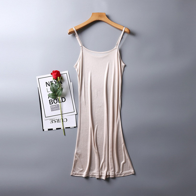 針織真絲包邊長版吊帶睡裙 桑蠶絲加長內搭襯裙