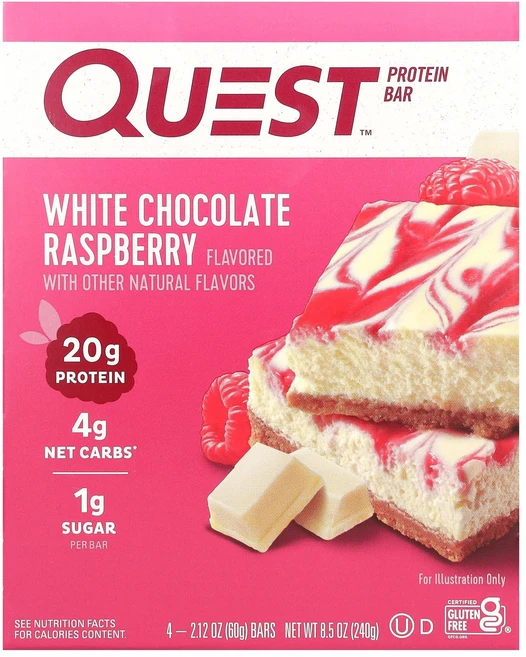 퀘스트 뉴트리션 Quest Nutrition 프로틴바 화이트 초콜릿 라즈베리 바 4개 개당 60g(2.12oz) QST-00387, 60g, 1개 - 쿠팡