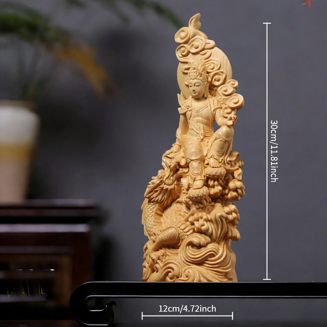 檜木木雕工藝品 手工精雕自在觀音禪意裝飾 桌面木雕擺件 30CM 御龍觀音木雕神像, 水月觀音