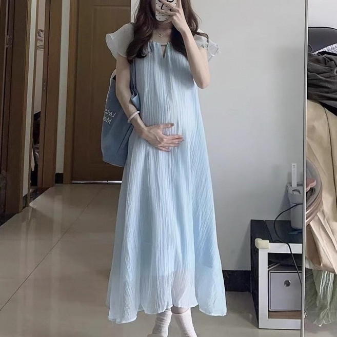 DIU 孕婦裝連衣裙夏季超仙寬鬆慵懶顯瘦遮肚子繫帶小飛袖中長款裙子女