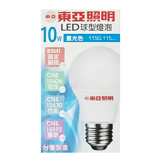 TOA 東亞照明 LED 全電壓球泡燈 10W E27 台灣製 LLA60BL-10AAD, 晝光色 (5700K), 1個