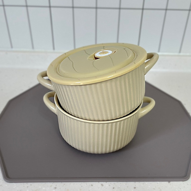 유니드언 전자레인지 도자기 계란찜 라면 용기 뚜껑 세트, 냄비형(900ml), 크림, 1개