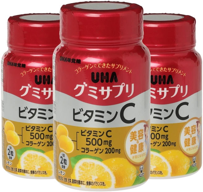 일본 UHA 고함량비타민C 비타민씨500mg 구미 젤리 어린이비타민C 고용량 온가족 30일분 3개, 60정 - 쿠팡