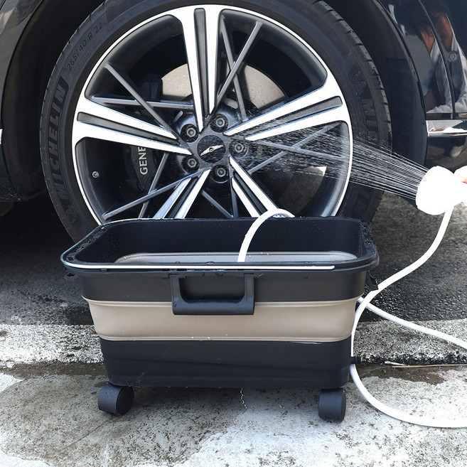 HK sell 오이 접이식 바퀴형 멀티 물통 22L 대용량 캠핑 세차용 빨래 바스켓 이동식, 1개, 브라운