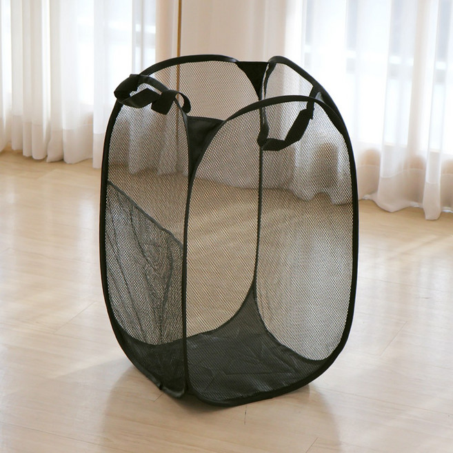이지유 접이식 메쉬 빨래 바구니 원터치 세탁 보관 햄퍼, 블랙