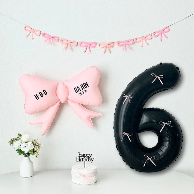 연지마켓 리본 숫자 풍선 블랙 생일 파티 두돌 세트 (자유레터링), 1세트, 리본풍선 블랙 6