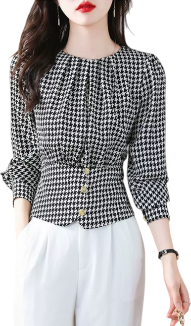 Makone 여성 라운드넥 하운드투스 벌룬소매 오피스 빈티지 패션 블라우스