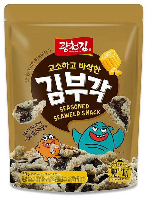 KIMNORI 광천 김부각 구운 해초 스낵 - 달콤하고 매운 맛의 한국식 크리스피 해초 칩 재밀봉 가능한 백 50g 49.9g1.7온스, 허니 콘섬