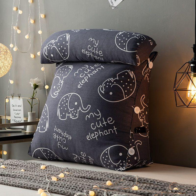 沙發靠墊抱枕護腰牀頭靠墊軟包牀上靠枕大靠背墊辦公室腰靠背護頸, 加厚帆布-可愛象,中號：寬44.9x45x20cm 護頸竹