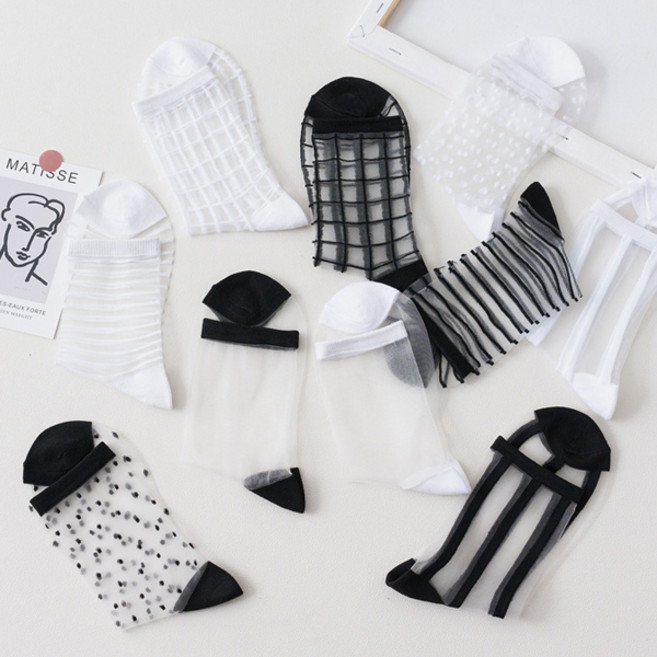 다이나토리 블랙 화이트 시스루 중목 양말 5켤레