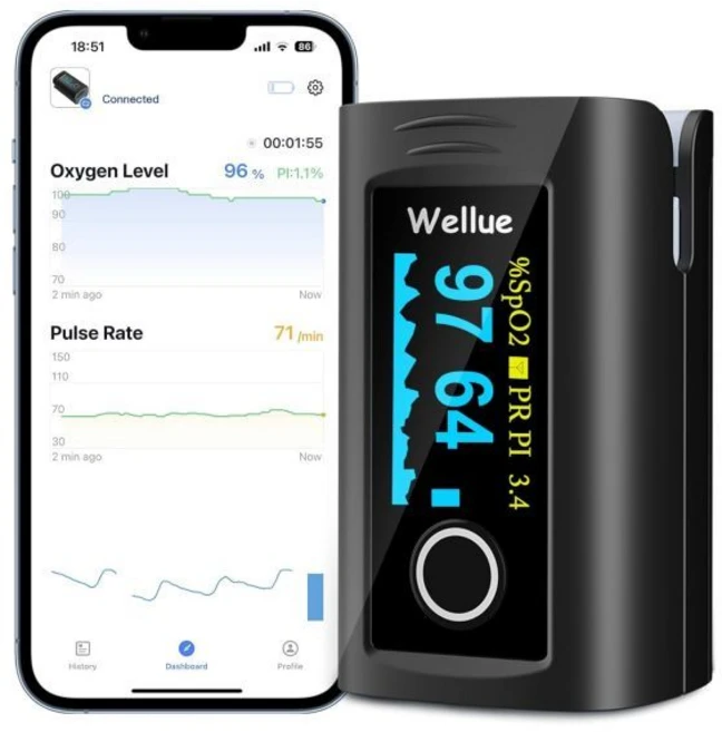 웰루 블루투스 맥박 산소 측정기 손가락 끝 무료 APP 배터리 휴대용 가방 및 랜야드가 포함된 혈중 포화도 모니터, 1개 - 쿠팡