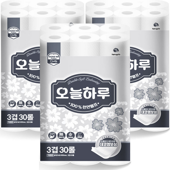 오늘하루 천연펄프 화장지 3겹 20m 30롤 3팩, 3세트