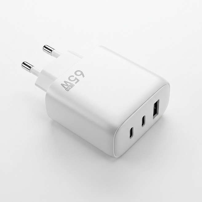 65W 질화갈륨(GaN) PD/PPS 초고속 충전기 USB-C 2C1A 3구 멀티 기기 충전기 노트북/Galaxy/iPhone/iPad 지원, 1개, 흰색