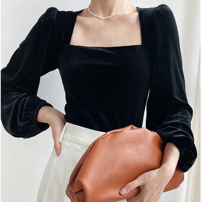 봄가을 구스다운티셔츠 섹시 스퀘어넥 긴팔티셔츠 빈티지 퍼프소매탑 여성데일리캐주얼티셔츠 0113PL25