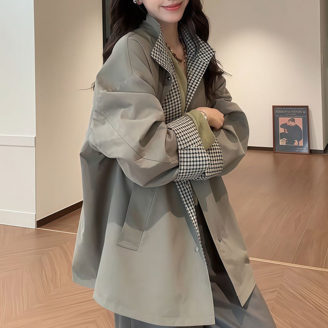 【雙面兩穿】風衣外套女 韓版風衣 中長款風衣 春季外套 寬鬆大衣 兩面穿設計 韓版寬鬆 春季新款 時尚通勤百搭