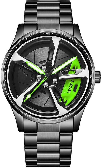 LIGE 뉴 스포츠 3D 샤오미 자동차 휠 시계 패셔너블 회전 다이얼 스테인리스 스틸 스트랩 방수 쿼츠 남성용, 01 Black green