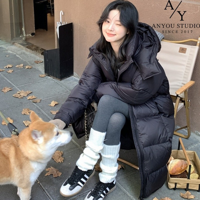 ANYOU 패션 여성 겨울 롱 패딩 오버핏 데일리 패딩 코트 여성용 롱 두꺼운 보온 방한복 볼륨감 후드 패딩 점퍼
