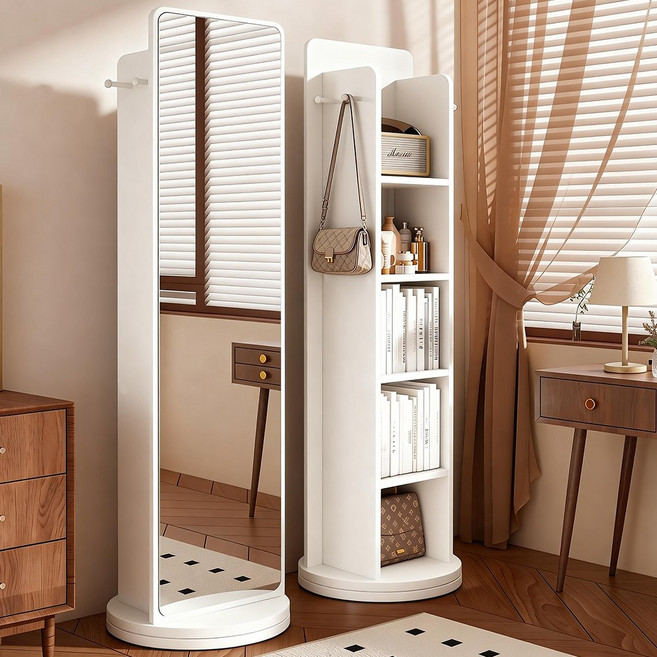 키스미스 전신거울 회전식 옷걸이행거 수납장 스탠드 거울, 화이트