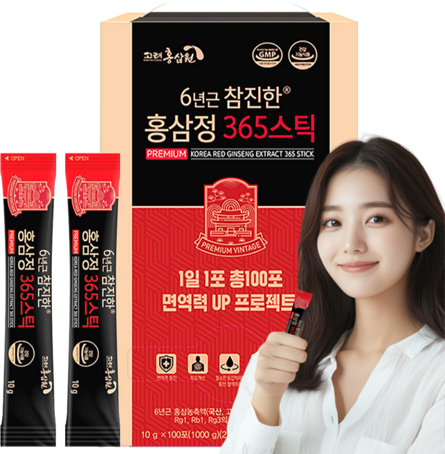 [명품] 6년근 참진한 홍삼정 365 스틱 진세노사이드 10mg x 100포 홍삼 스틱, 1kg, 1박스