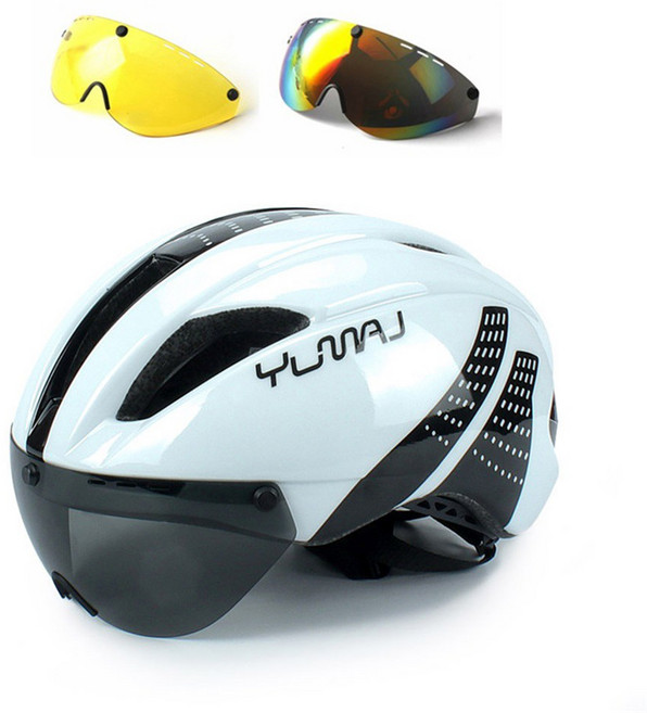 YUMAJ 280g 에어로 초경량 고글 TT 로드 자전거 헬멧 인몰드 레이싱 사이클링 바이크 스포츠 안전 타임 트라이얼 사이클링 헬멧, white 2lens, 1개