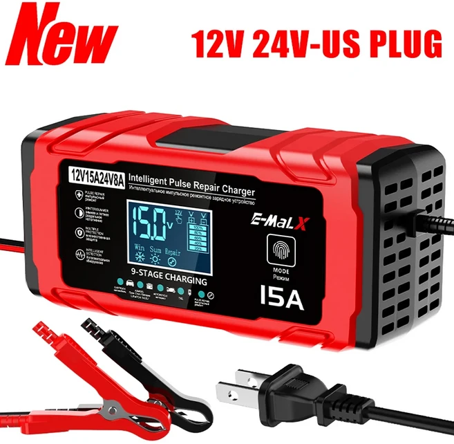 12V 15A 8A 배터리 충전기 (리튬인산철 납산 AGM 젤 지능형 펄스 복구 오토바이용), 03 12V 15A US Plug