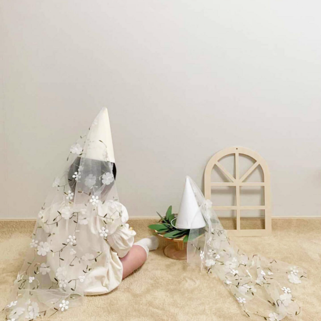 라라빈파티 생일 머리띠 축하 파티 꽃 베일 꼬깔 모자 면사포고깔 인생네컷용품 할로윈 마녀 요정 어린이집 소품, 꽃베일 꼬깔-아이보리