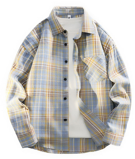 LARGE STORE 韓版格紋磨毛法蘭絨長袖襯衫 格子襯衫 中性情侶襯衫 大尺寸