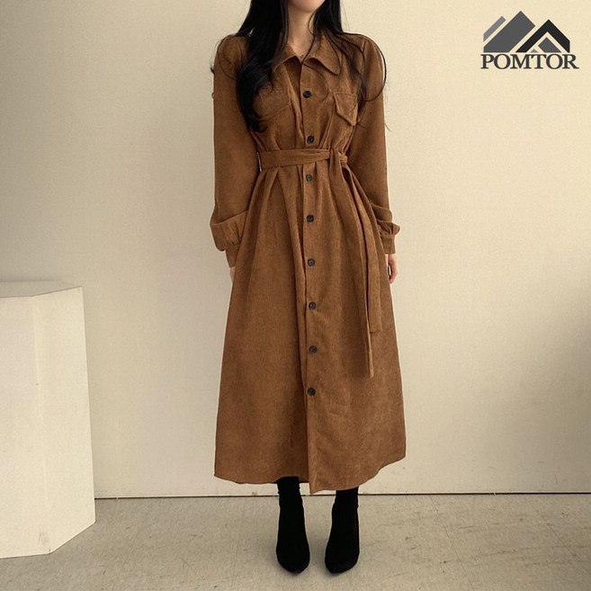 POMTOR 가을 겨울 여성 코듀로이 원피스 긴팔 카라 싱글 허리 조임 솔리드 프렌치 코르덴원피스