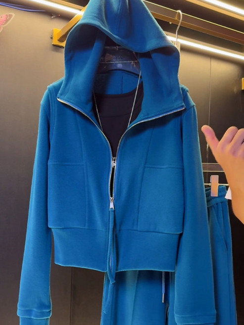 여성 파랑 블루 크롭 슬림핏 기모 소재 후드집업