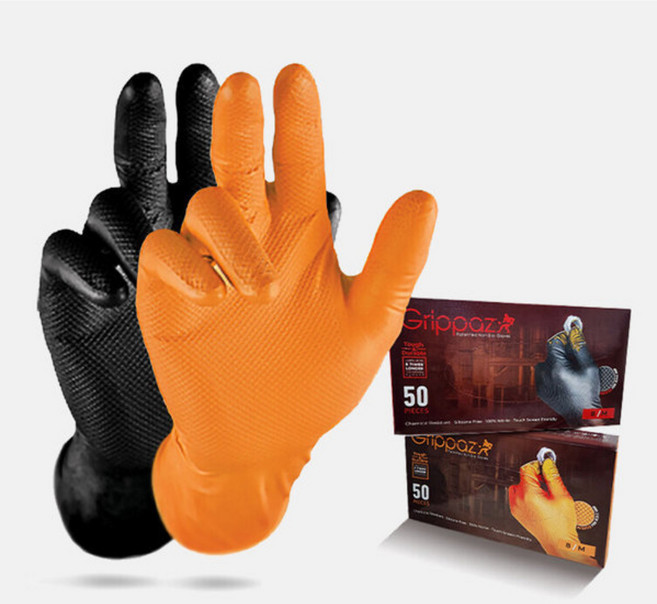 그립파즈 니트릴장갑 50매 두꺼운 고무장갑 미끄럼방지 공업용 자동차정비 세차 작업용 (사은품증정 은사수세미 대형 1매), 오렌지, L, 2개