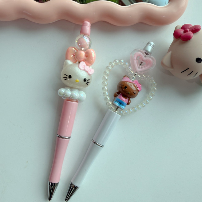 소꼼 캐릭터 비즈 볼펜 꾸미기 DIY 볼꾸 2개 세트, 1세트, 태닝+분홍