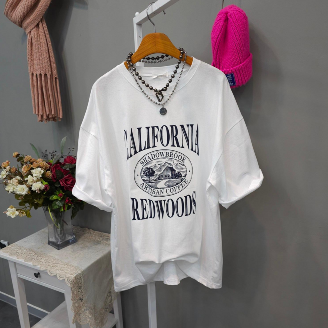 여성용 캘리포니아 레드우즈 레터링 오버핏 라운드넥 면 반팔 티셔츠