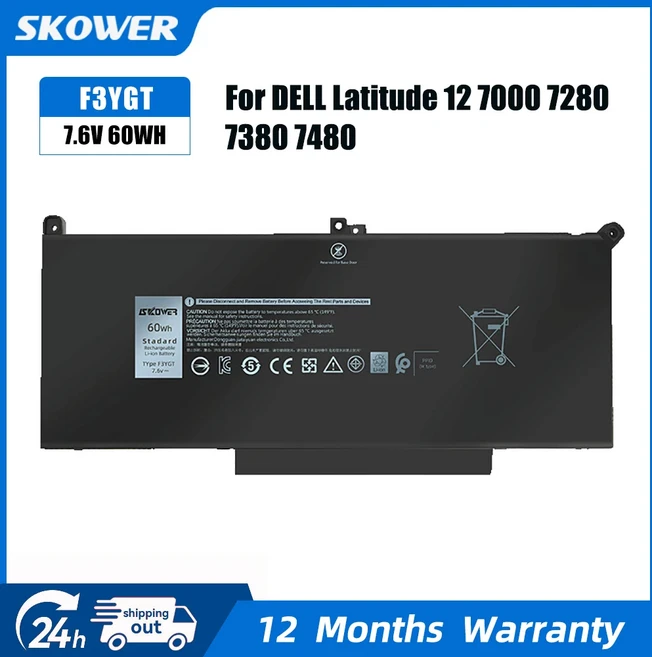 SKOWER F3YGT DJ1J0 Dell Latitude 12 7000 7280/E7280 용 노트북 배터리, 01 F3YGT 60Wh