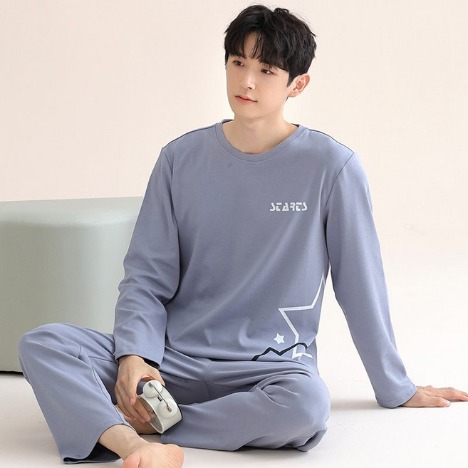 모달 소재 남성 잠옷 봄가을 얇은 긴팔 긴바지 세트 여름 빅사이즈 외출 가능한 홈웨어
