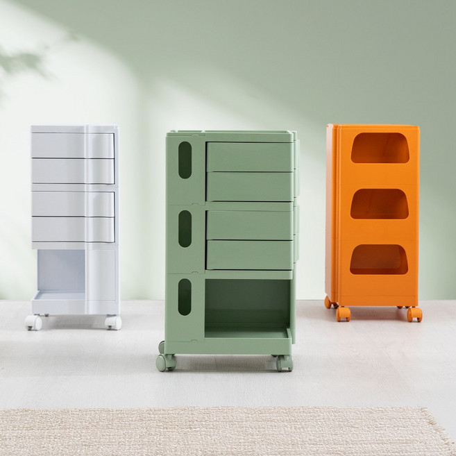 레인보우 트롤리 5단 웨건 이동식 간이 회전 서랍 바퀴 수납 인테리어 디자인 카페, 핑크