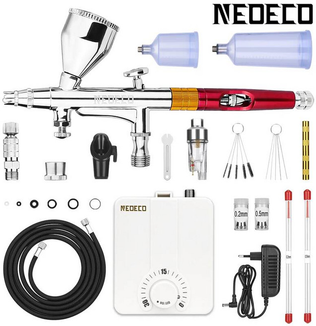 30psi 자동 정지 압축기 키트가 포함된 듀얼 액션 에어 브러시 메이크업 네일 페인트 바디 케이크 자동차 이발사를 위한 스프레이, EU 플러그, NCT-STCW208K-S4, 1개