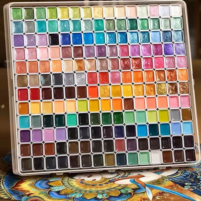 Fowod 메탈릭 펄 수채화물감 글리터 반짝이 고체물감 수채화키트, 180개, 1ml