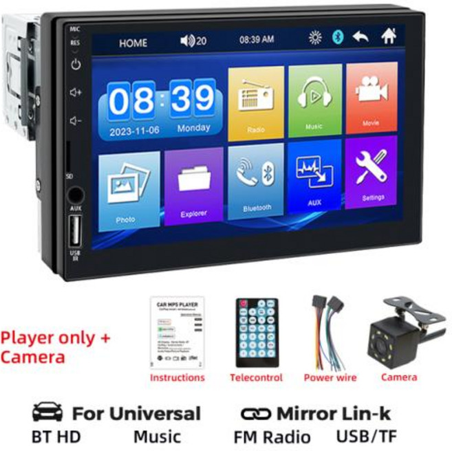 BQCC 범용 자동차 라디오 멀티미디어 플레이어 터치 스크린 FM ISO 전원 보조 입력 블루투스 USB 미러 링크 1 Din MP5 7 인치, 3) Radio with Camera