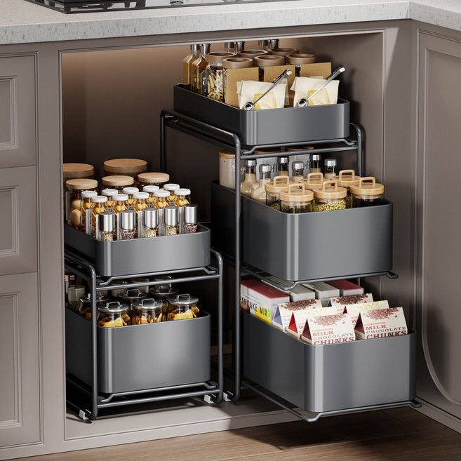 Homi Zon 무타공 다용도 탄소강 2단 슬라이딩 선반 다용량 주방 수납 양념통 정리대, 1개, 화이트