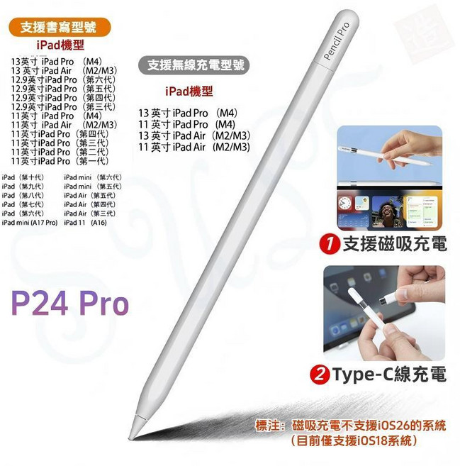 2025新款 iPad Pro 13 Air 11 手寫筆 M2 M3 M4 磁吸充電 觸控筆 A16 防誤觸 手寫筆, P24 Pro 磁充+線充, 1個